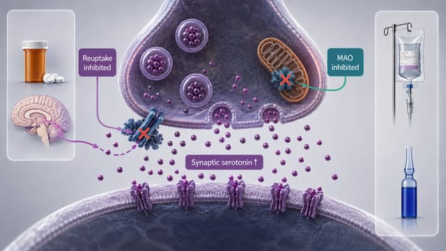 Medical illustration showing serotonin reuptake inhibition and MAO inhibition converging at a synapse to produce excessive serotonergic signaling.