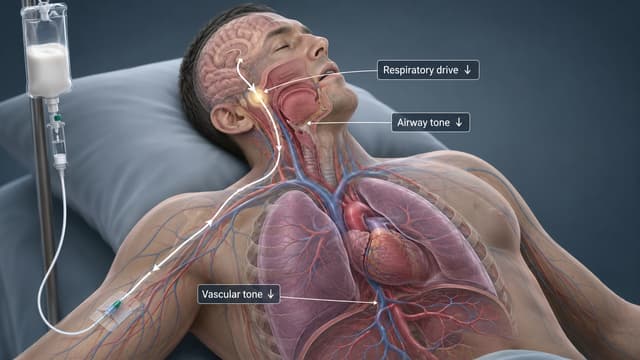 Medical illustration showing propofol-related CNS sedation, reduced respiratory drive, upper-airway obstruction, hypoventilation, and cardiovascular depression.