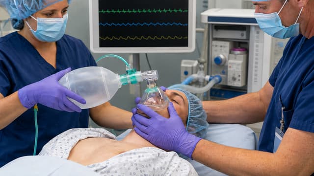 Clinicians providing bag-mask ventilation and oxygen to a deeply sedated patient, demonstrating active airway rescue for severe sedative respiratory depression.