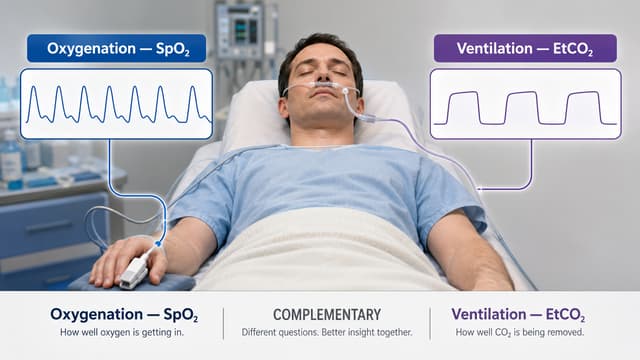 Sedated patient monitored with pulse oximetry and capnography, illustrating the clinical difference between oxygenation monitoring and ventilation monitoring.