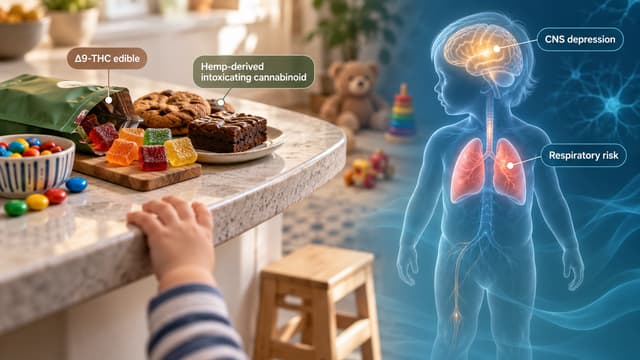 Generic cannabis edible near unsecured child-resistant packaging, illustrating accidental pediatric THC exposure and the risk of CNS and respiratory toxicity.