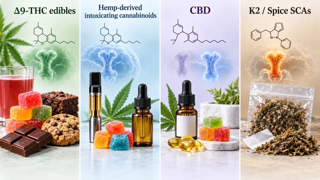 Medical comparison of delta-9 THC edibles, hemp-derived intoxicating cannabinoids, CBD products, and K2 or Spice synthetic cannabinoid receptor agonists.