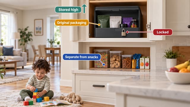 Cannabis edibles in original child-resistant packaging secured inside a locked high cabinet and kept separate from ordinary food and candy.