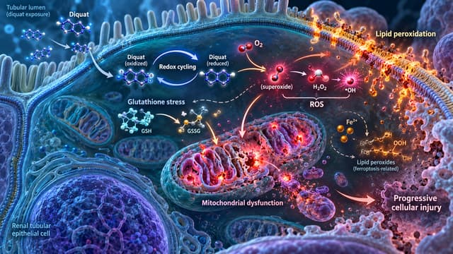Diquat redox cycling generates reactive oxygen species, glutathione stress, lipid peroxidation, and mitochondrial injury within a renal tubular cell.