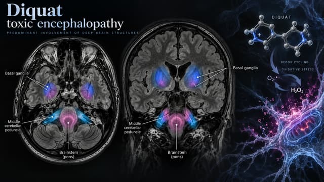 Brain imaging illustration of Diquat toxic encephalopathy highlighting reported involvement of the brainstem, cerebellar peduncles, and basal ganglia.