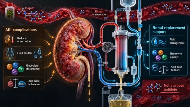 Diquat-related acute kidney injury supported by a dialysis or CRRT circuit, emphasizing renal support rather than proven antidotal toxin removal.