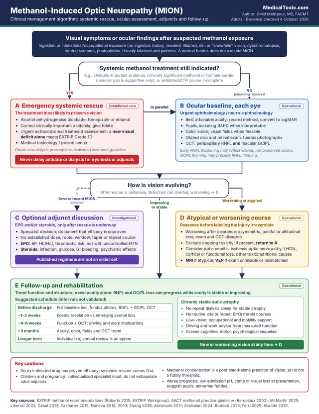 Clinical management algorithm for methanol-induced optic neuropathy showing systemic rescue, ocular assessment, investigational adjuncts, and follow-up.