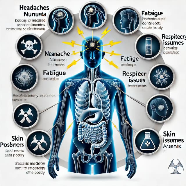 An illustration of a human figure showing the effects of toxic metal exposure on the body, with icons and labels indicating symptoms such as headaches, fatigue, respiratory issues, and skin problems. The image connects each symptom to the relevant part of the body, visually highlighting the impact of toxic metals like mercury, arsenic, and lead. DRAW IT